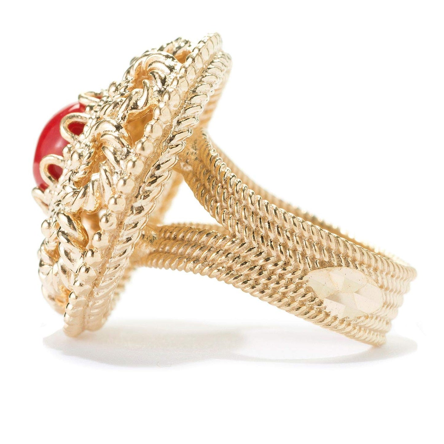 18K Gold Plated Red Coral Gem & Filigree Dome Ring