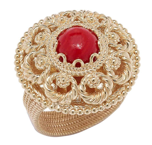 18K Gold Plated Red Coral Gem & Filigree Dome Ring