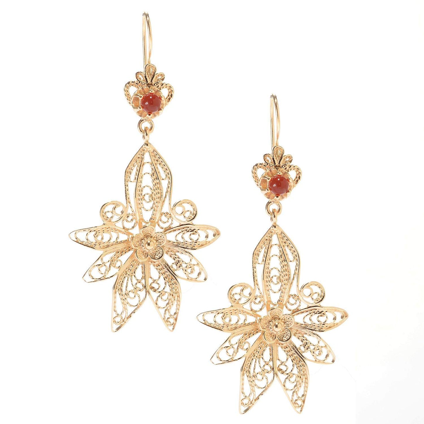 18K Gold Plated 2.5" Carnelian Filigree Earrings