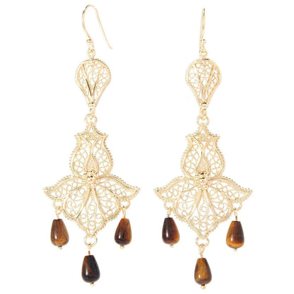 Ornate Filigree Dangle Earrings with Gemstone Drops - TurkishBling