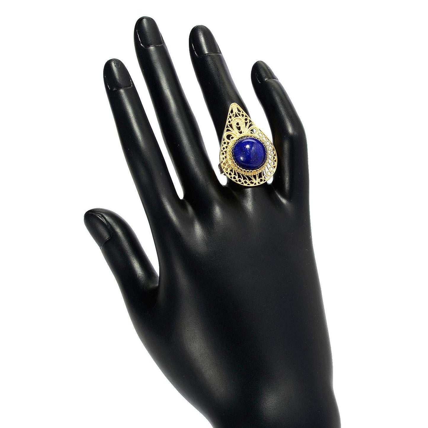 Statement size 14mm Round Lapis Cabochon Pear Shaped Filigree Ring