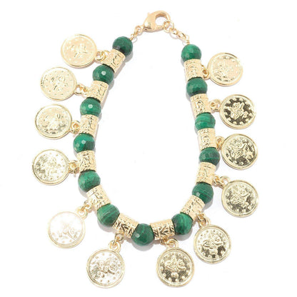 Ottoman Coin and Genuine Gemstone Turquoise Lapis Amethyst Malachite Carnelian White Agate Charm Bracelet - TurkishBling