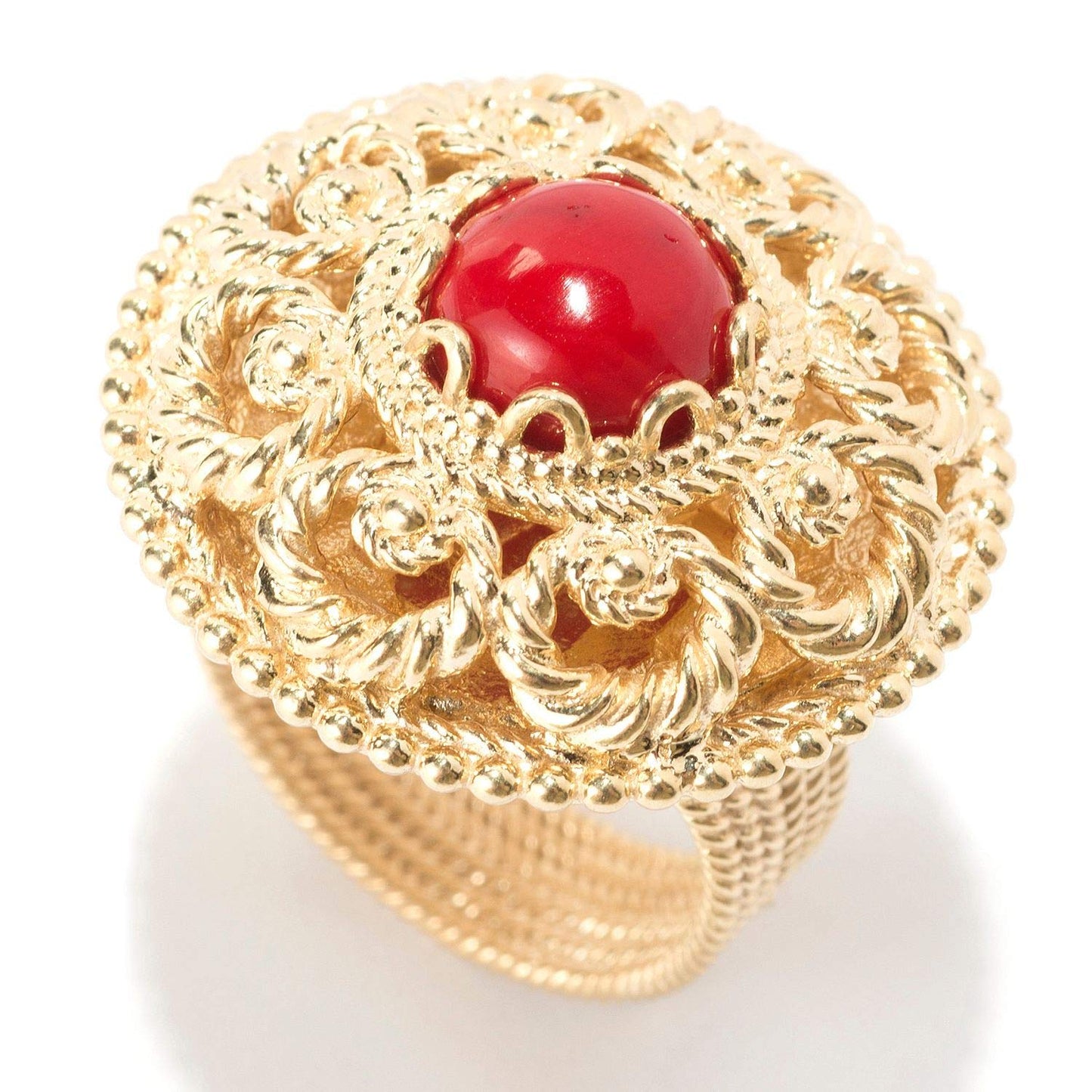 18K Gold Plated Red Coral Gem & Filigree Dome Ring