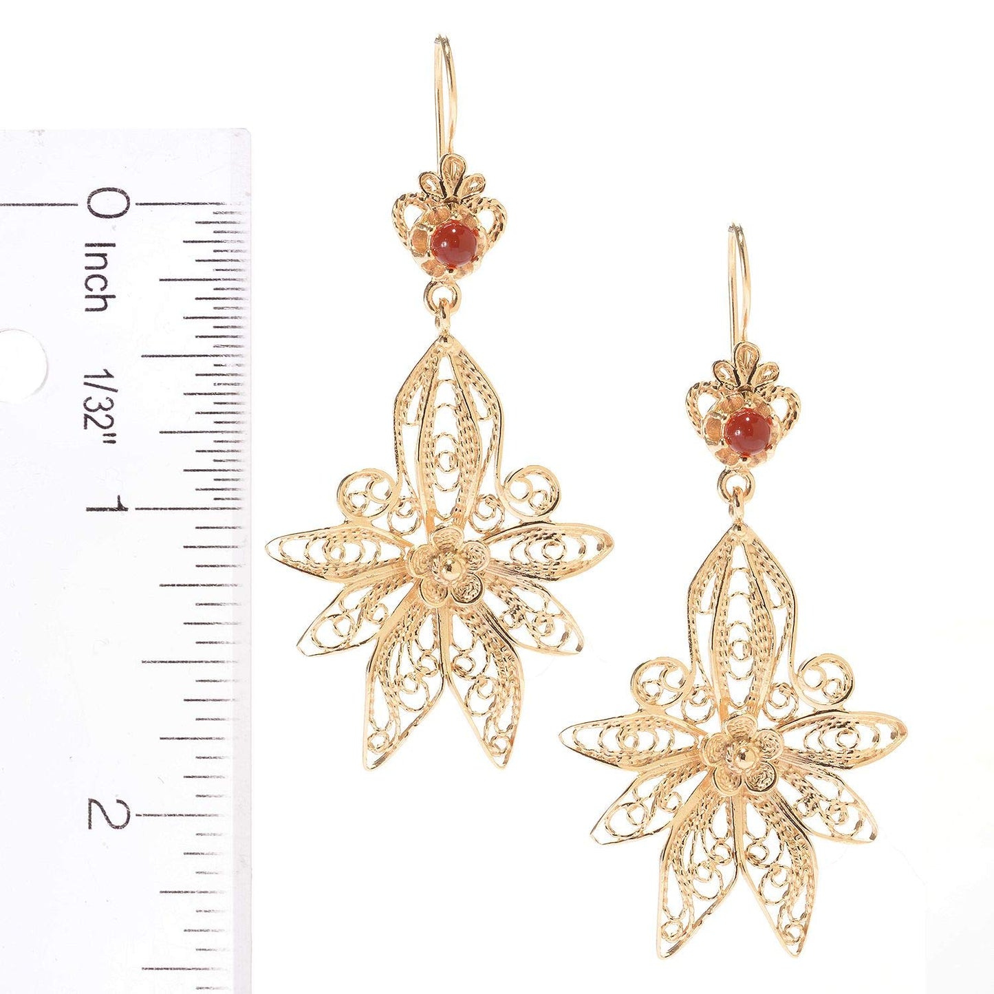 18K Gold Plated 2.5" Carnelian Filigree Earrings