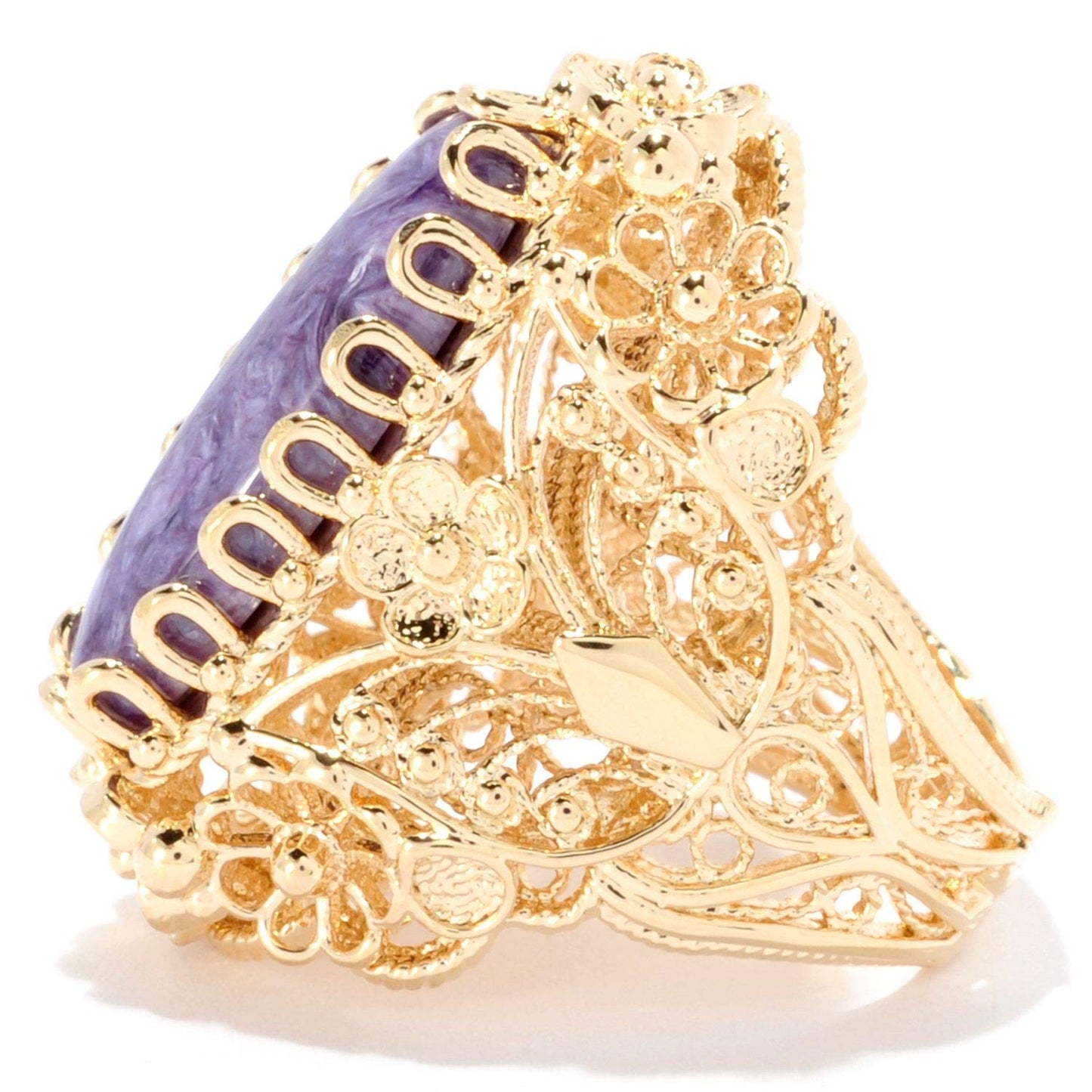 18K Gold Plated 22 x 8mm Charoite Filigree Ring