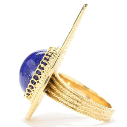 Statement size 14mm Round Lapis Cabochon Pear Shaped Filigree Ring - TurkishBling