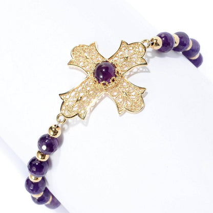 Gold Plated Amethyst Bead Cross Bracelet - TurkishBling