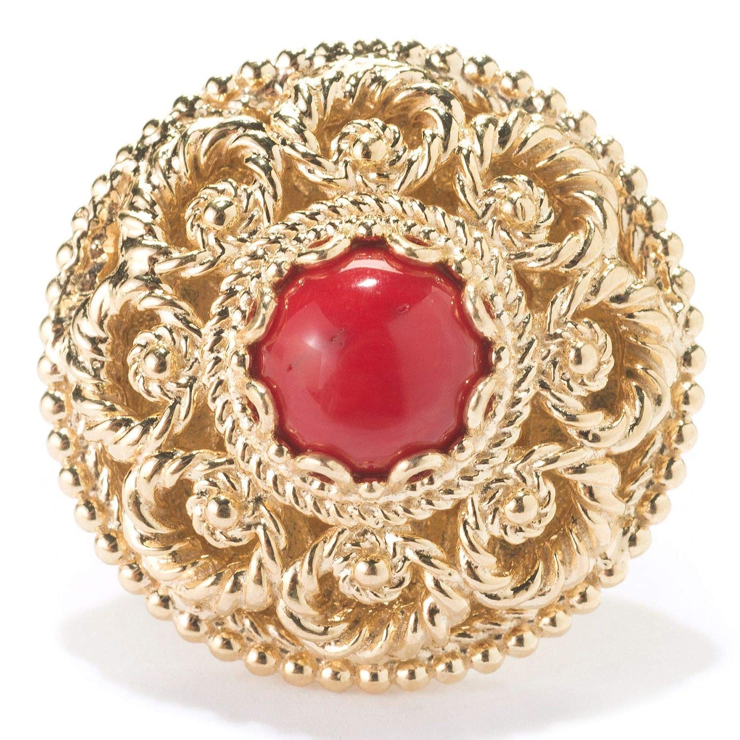 18K Gold Plated Red Coral Gem & Filigree Dome Ring