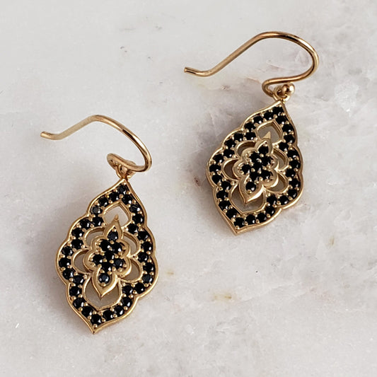 Elegant Black Spinel Turkish Drop Earrings Gold Plated Bronze with Elegant Design