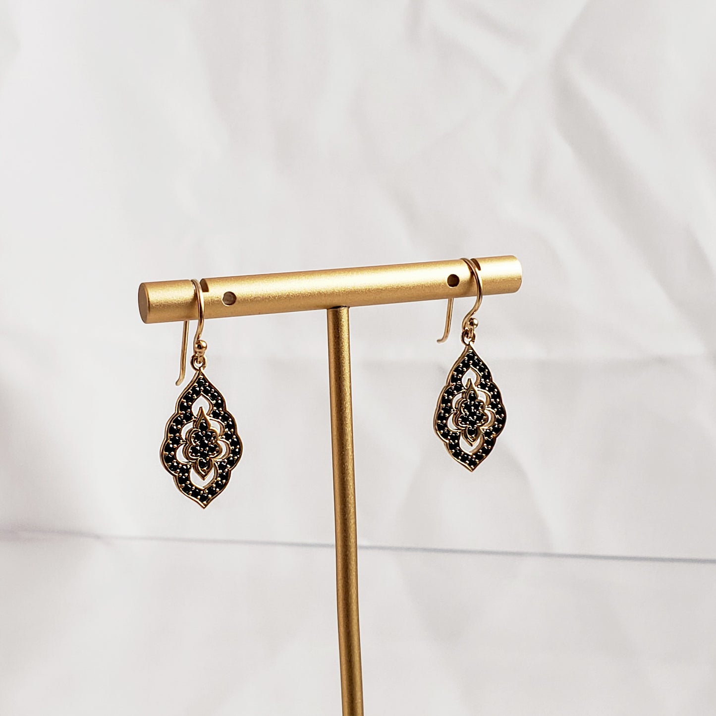 Elegant Black Spinel Turkish Drop Earrings Gold Plated Bronze with Elegant Design