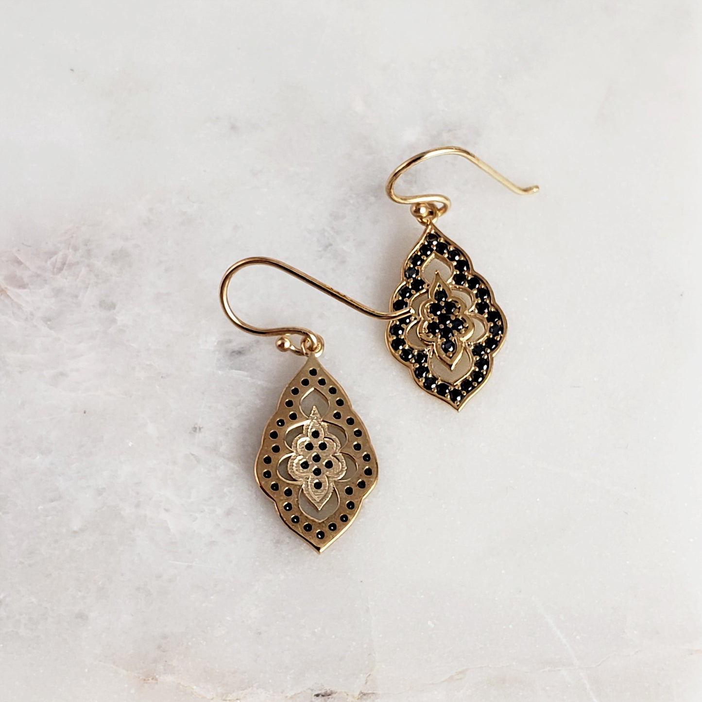 Elegant Black Spinel Turkish Drop Earrings Gold Plated Bronze with Elegant Design