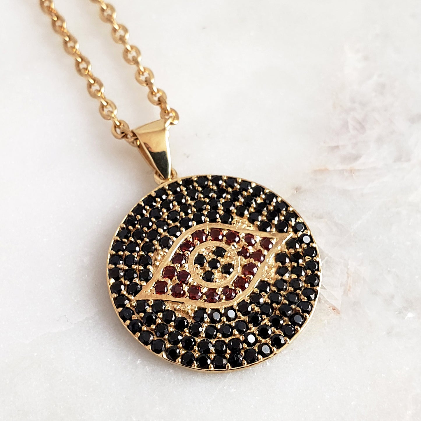 Gold over Bronze Protective Evil Eye Medallion Gemstone Pendant Necklace