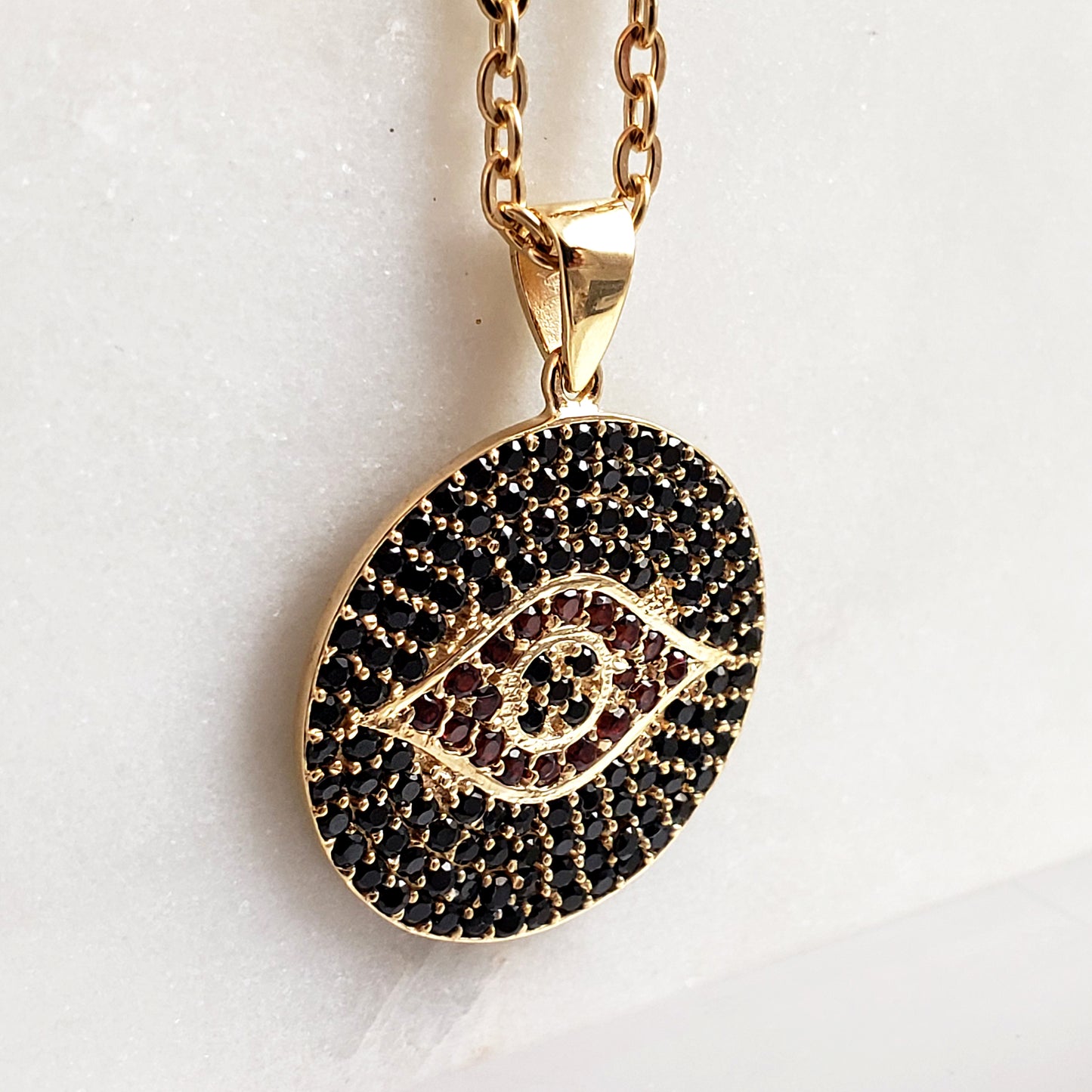 Gold over Bronze Protective Evil Eye Medallion Gemstone Pendant Necklace