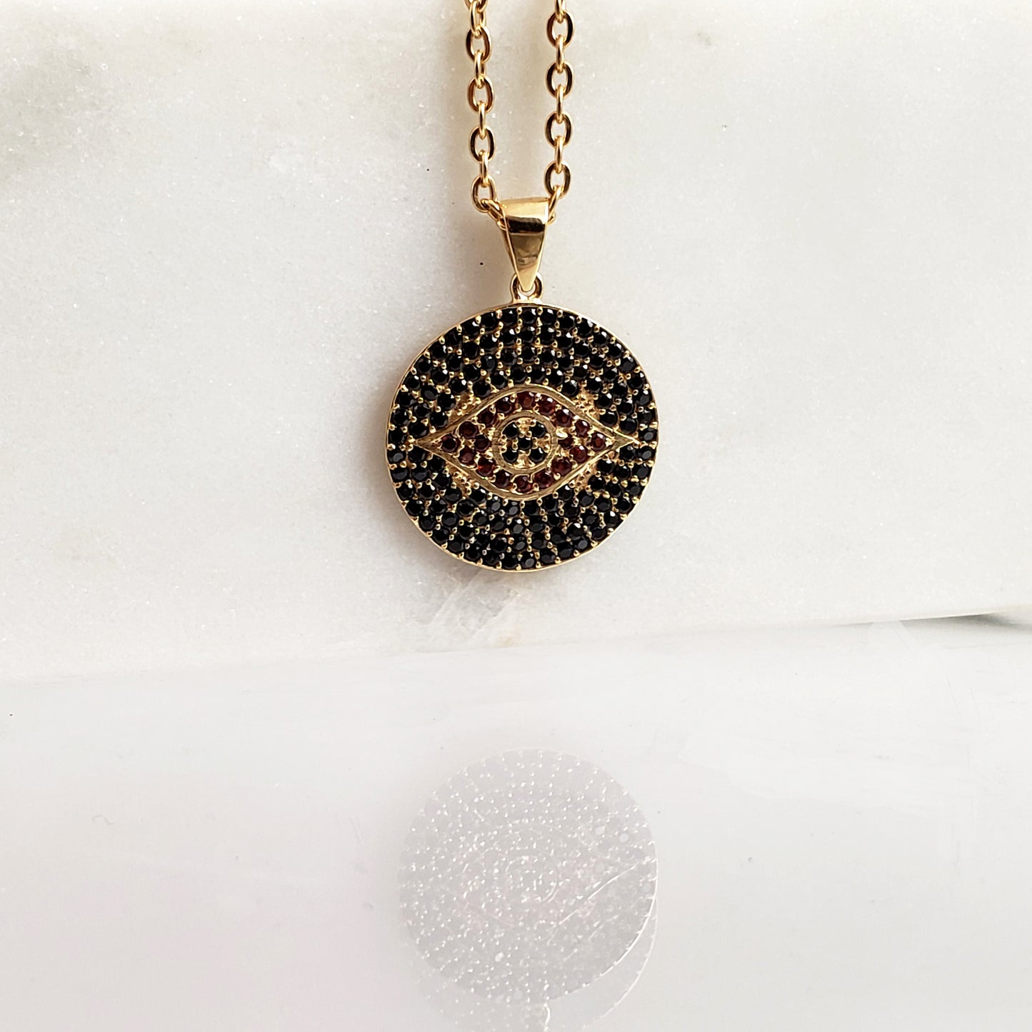 Gold over Bronze Protective Evil Eye Medallion Gemstone Pendant Necklace