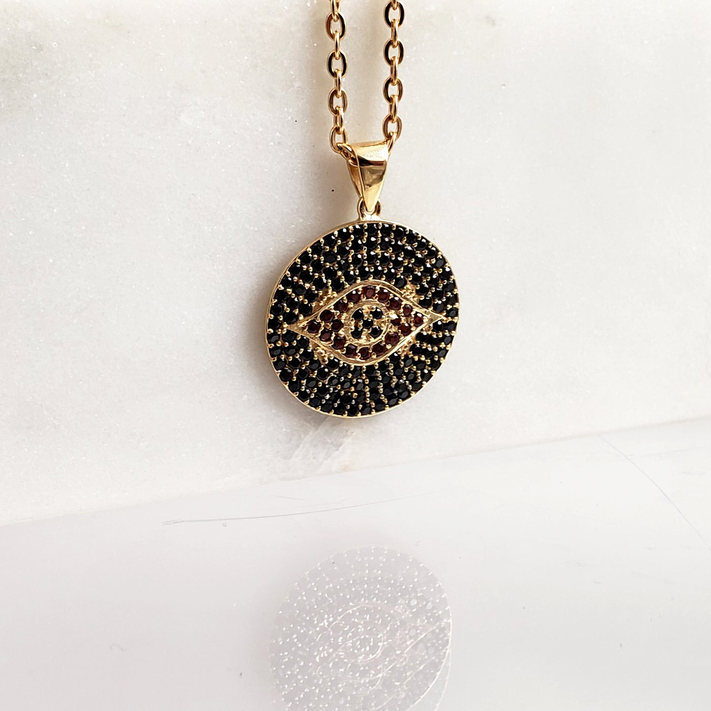 Gold over Bronze Protective Evil Eye Medallion Gemstone Pendant Necklace