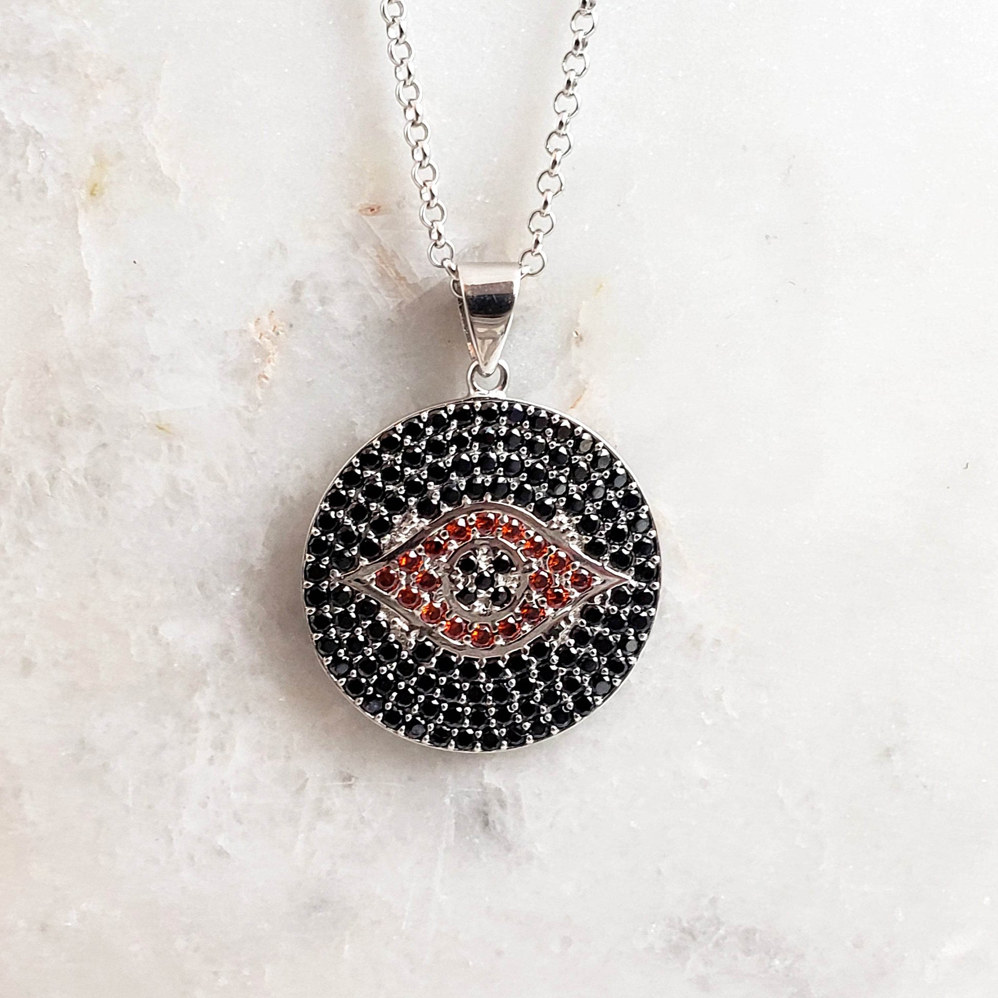 Sterling Silver Protective Evil Eye Medallion Gemstone Pendant Necklace - TurkishBling
