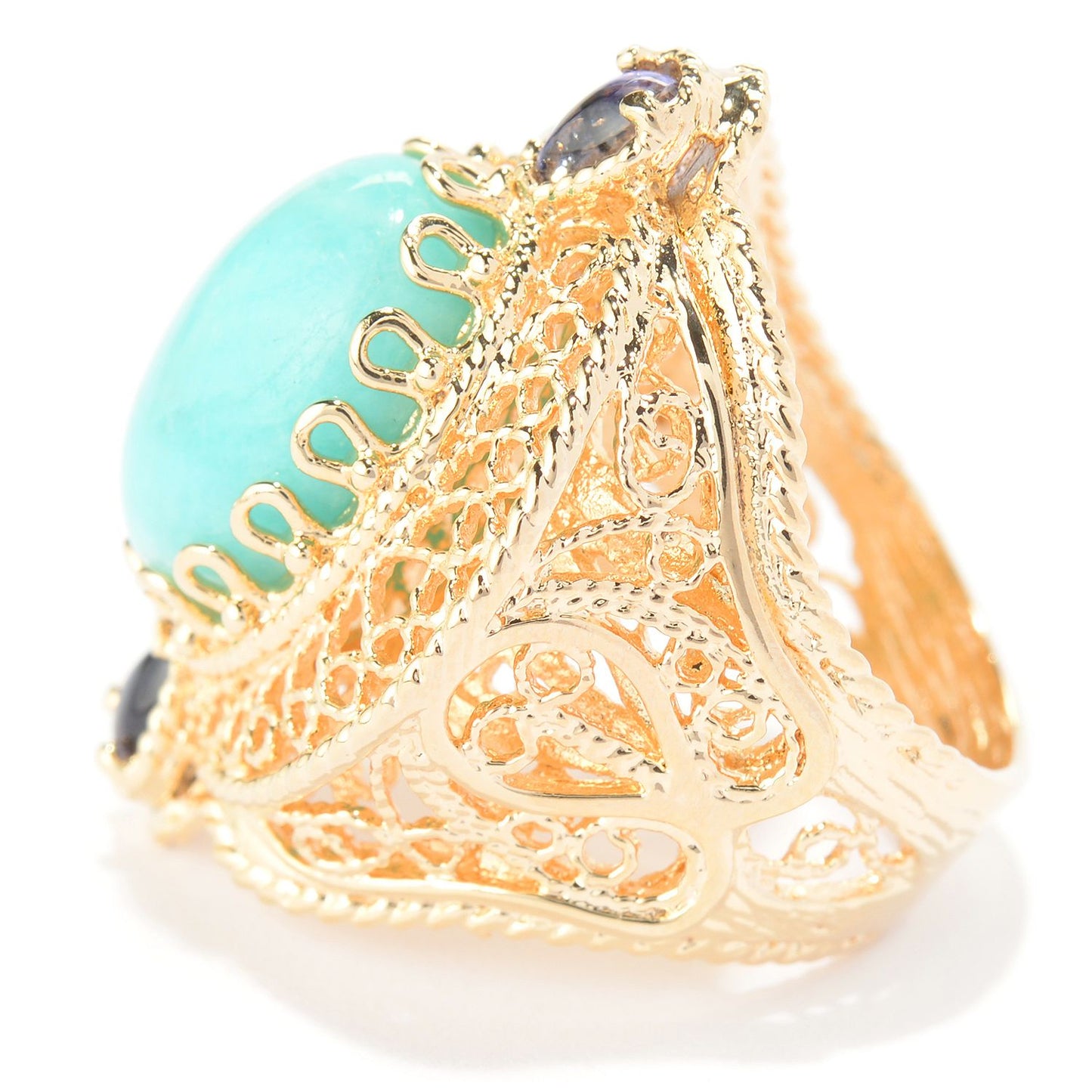 Turkish Filigree Genuine Amazonite and Amethyst Gemstone Ring