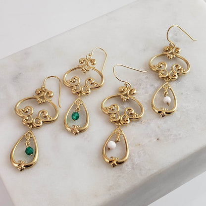 Scrollwork Vintage Style Drop Earrings White or Green Agate - TurkishBling