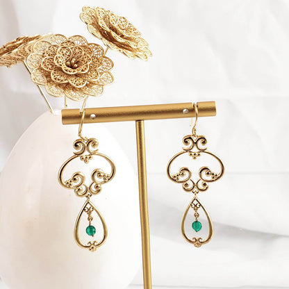 Scrollwork Vintage Style Drop Earrings White or Green Agate - TurkishBling