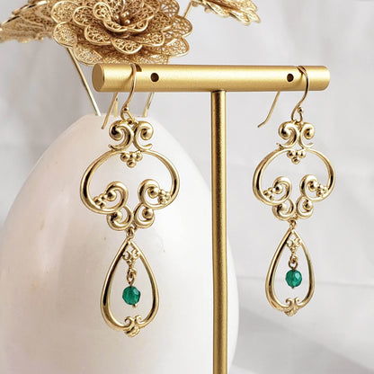 Scrollwork Vintage Style Drop Earrings White or Green Agate - TurkishBling