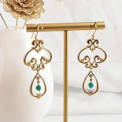 Scrollwork Vintage Style Drop Earrings White or Green Agate - TurkishBling