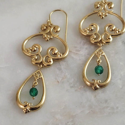 Scrollwork Vintage Style Drop Earrings White or Green Agate - TurkishBling