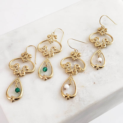 Scrollwork Vintage Style Drop Earrings White or Green Agate - TurkishBling