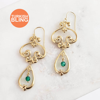 Scrollwork Vintage Style Drop Earrings White or Green Agate - TurkishBling