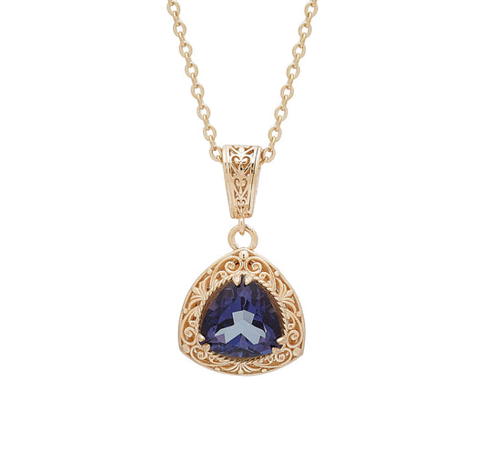 Trillion Cut Tanzanite Color Quartz Scrollwork Pendant  w/18+2 in chain