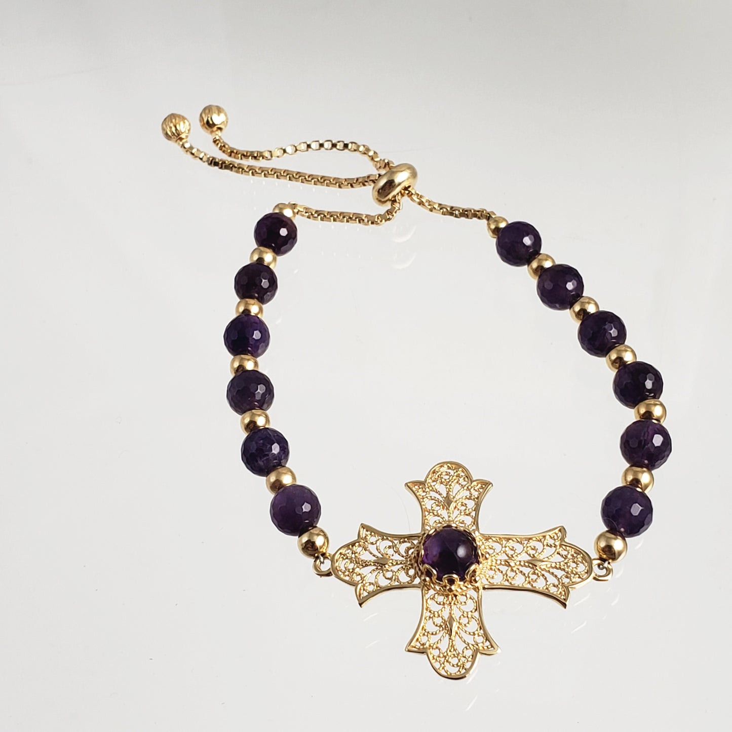 Gold Plated Amethyst Bead Cross Bracelet