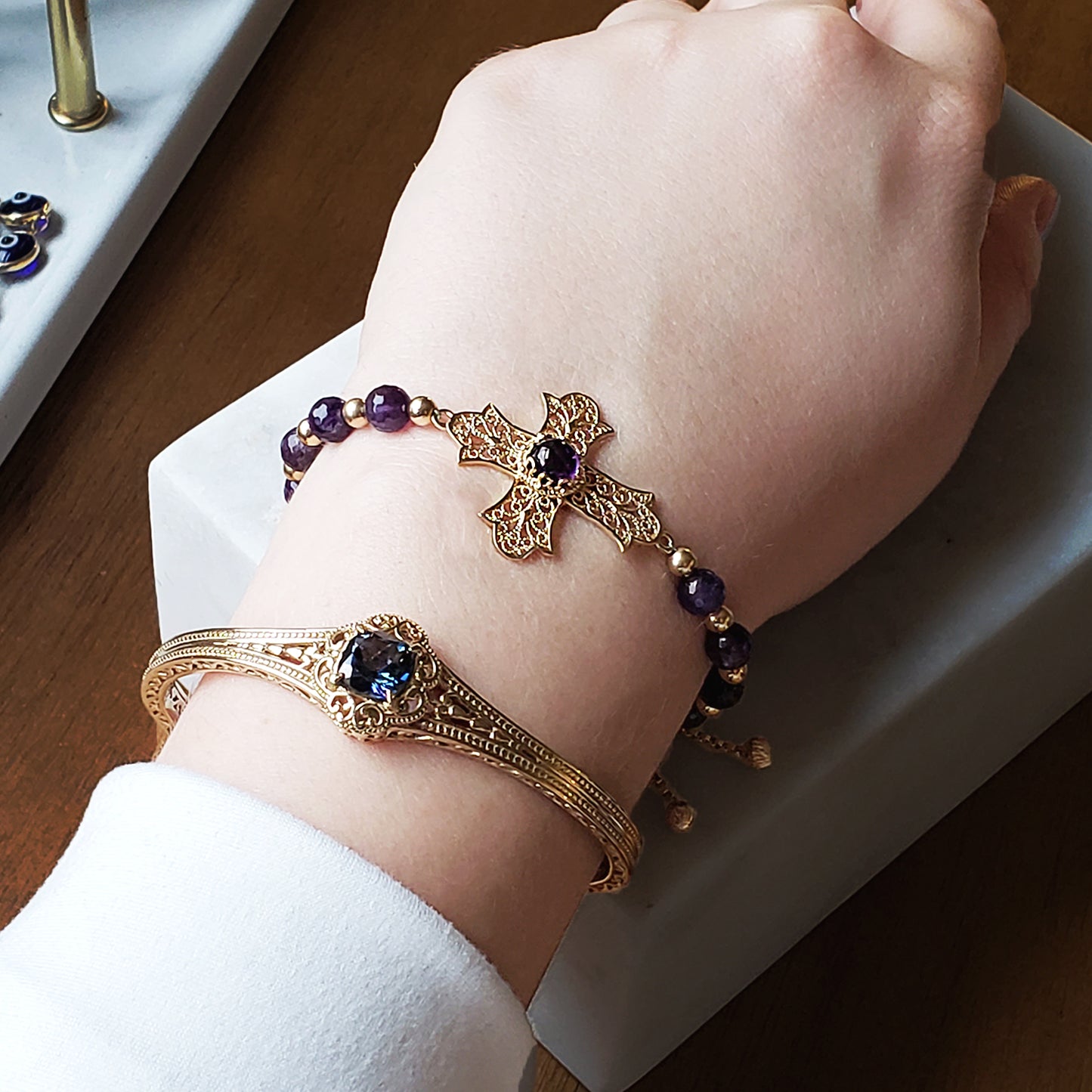 Gold Plated Amethyst Bead Cross Bracelet