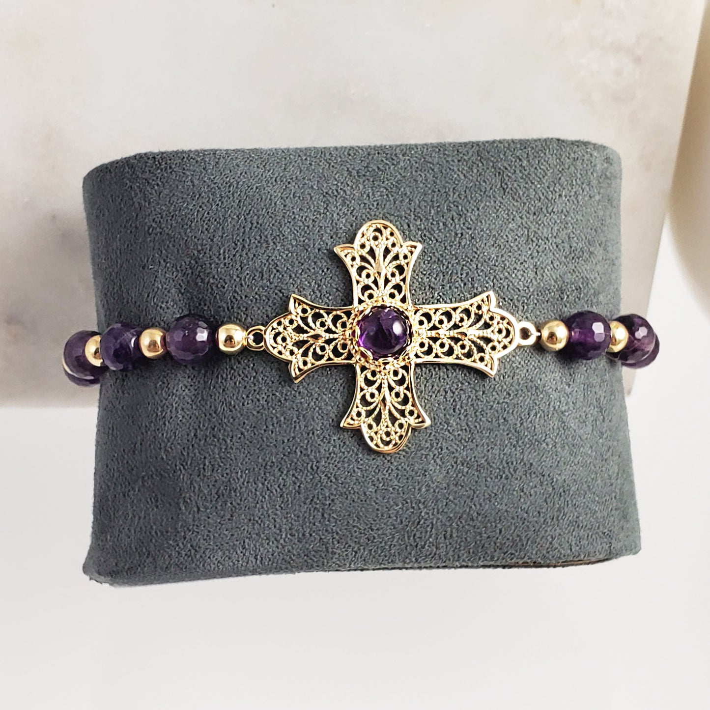 Gold Plated Amethyst Bead Cross Bracelet