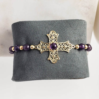Gold Plated Amethyst Bead Cross Bracelet - TurkishBling