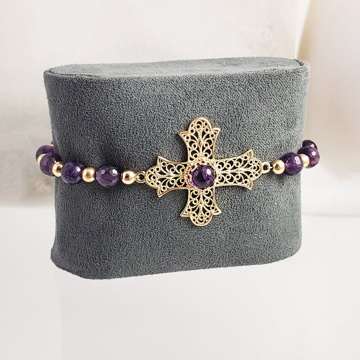 Gold Plated Amethyst Bead Cross Bracelet