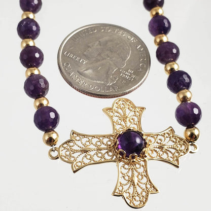 Gold Plated Amethyst Bead Cross Bracelet - TurkishBling