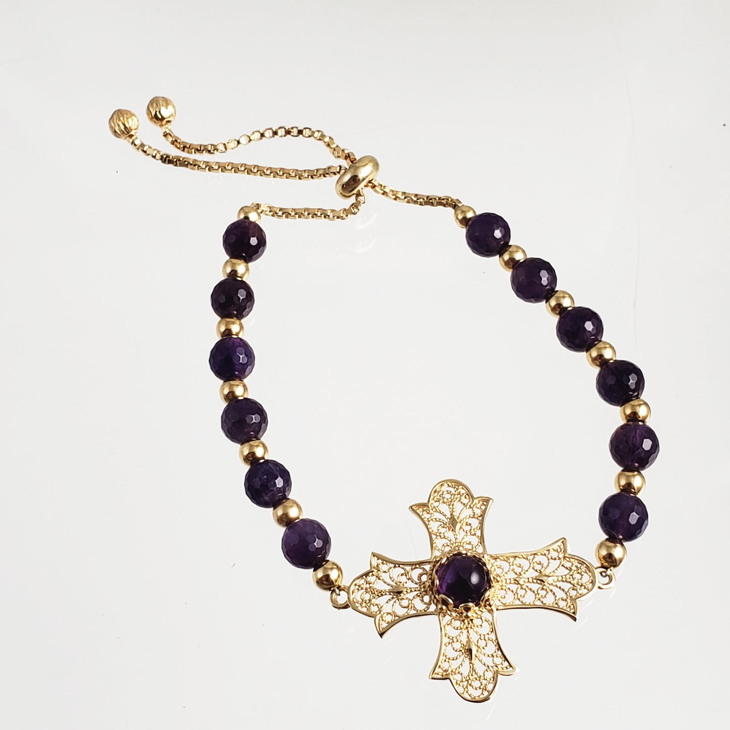 Gold Plated Amethyst Bead Cross Bracelet