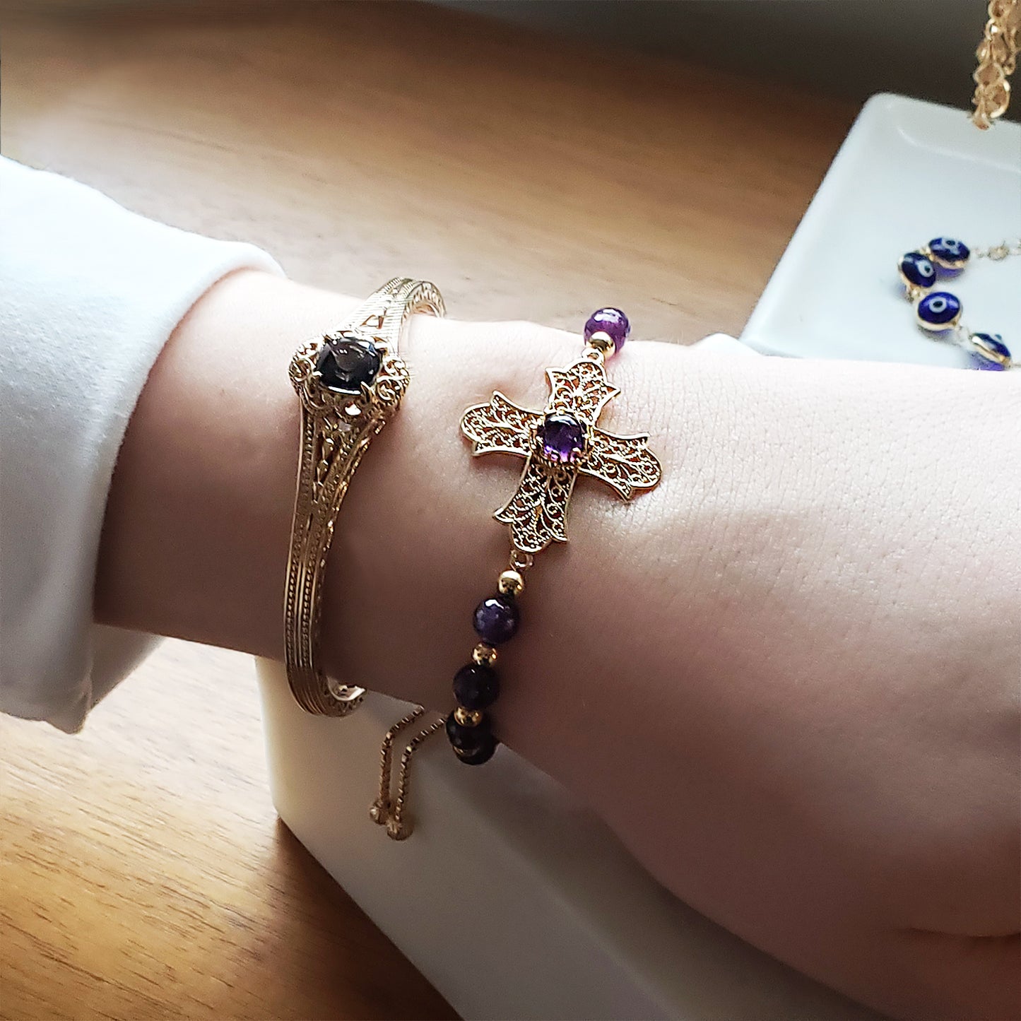 Gold Plated Amethyst Bead Cross Bracelet