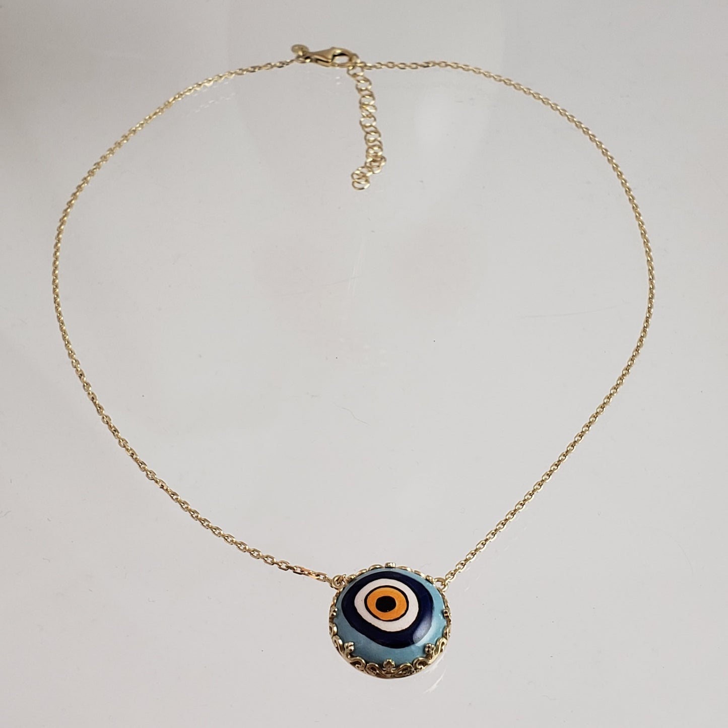 Gold over Silver Hand Painted Ceramic One of a Kind Evil Eye Necklace 18+2