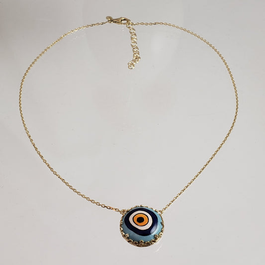 Gold over Silver Hand Painted Ceramic One of a Kind Evil Eye Necklace 18+2