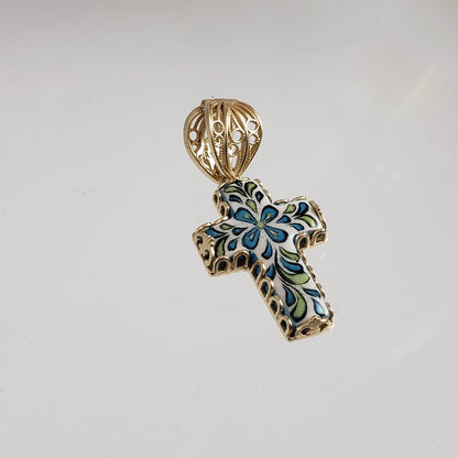 Gold over Sterling Silver Hand Painted Ceramic Cross Enhancer Bail Pendant - TurkishBling