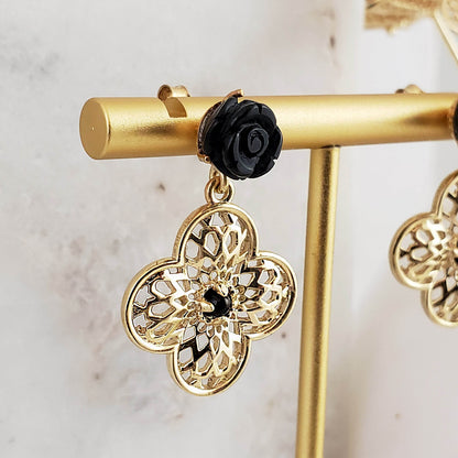 Carved Rose Black Agate Clover Shape Geometric Cut Out Post Earrings - TurkishBling