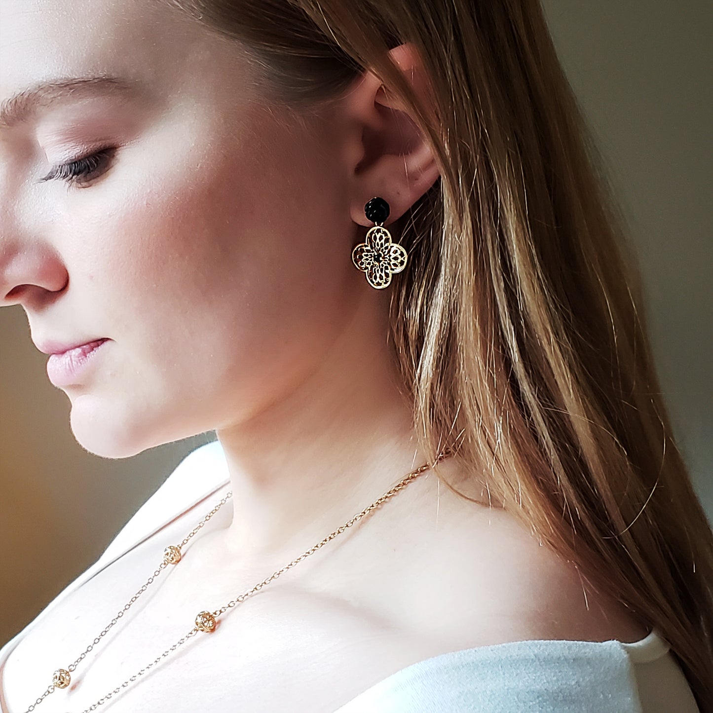 Carved Rose Black Agate Clover Shape Geometric Cut Out Post Earrings