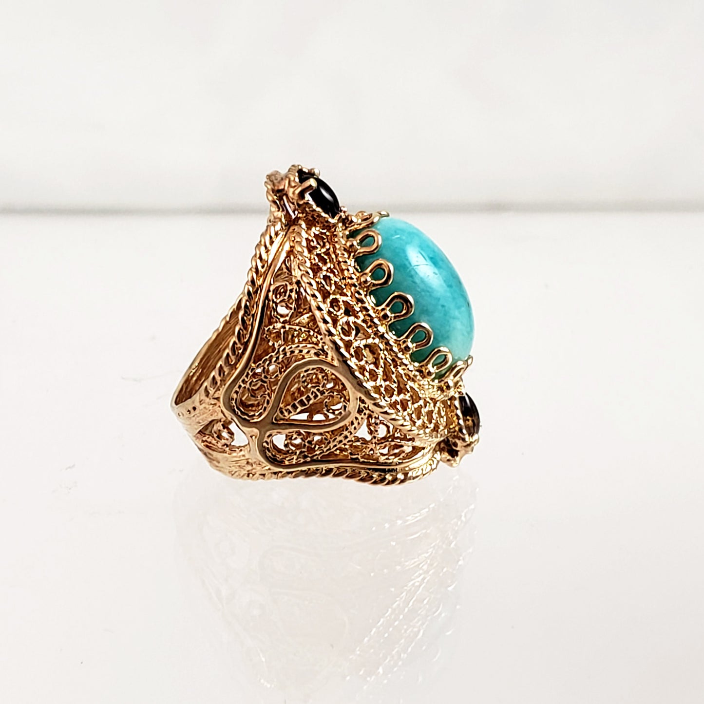 Turkish Filigree Genuine Amazonite and Amethyst Gemstone Ring