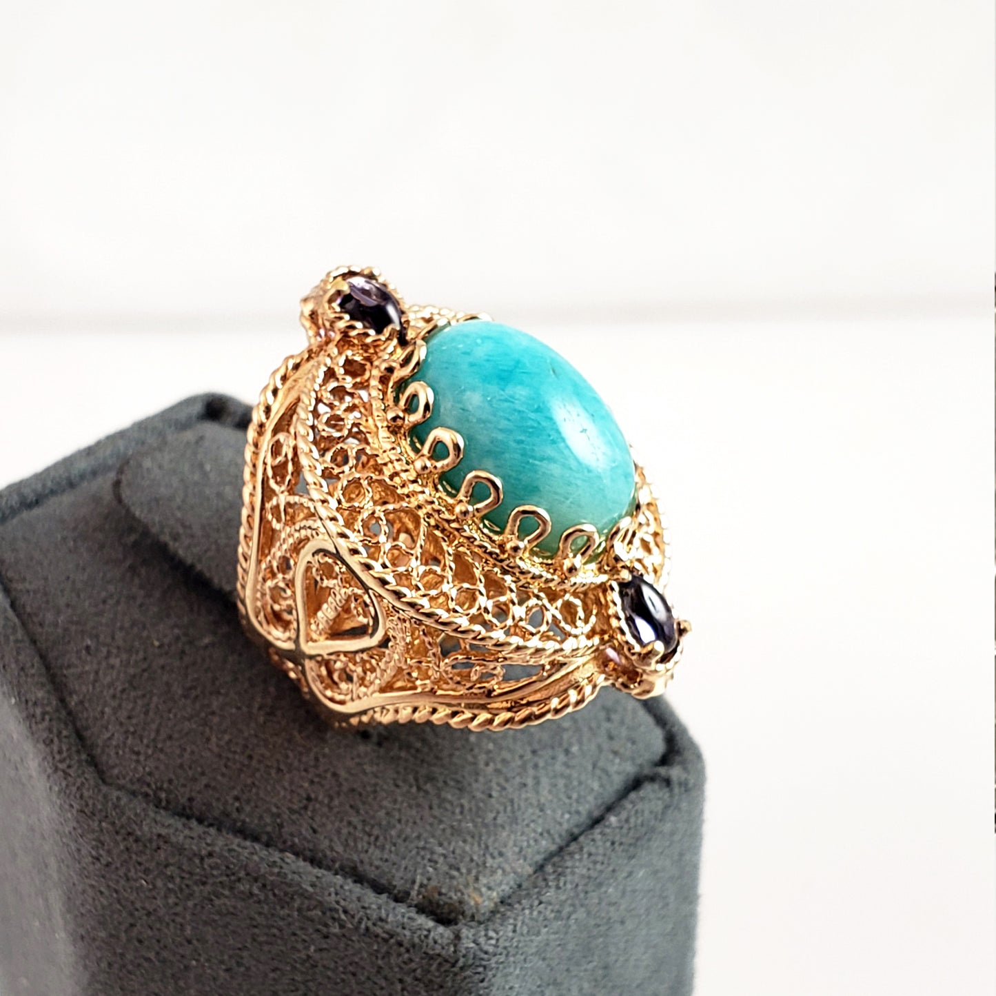 Turkish Filigree Genuine Amazonite and Amethyst Gemstone Ring