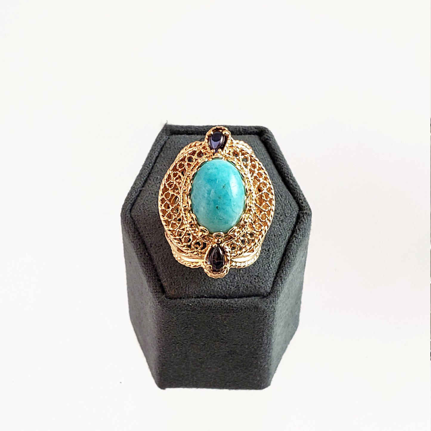 Turkish Filigree Genuine Amazonite and Amethyst Gemstone Ring