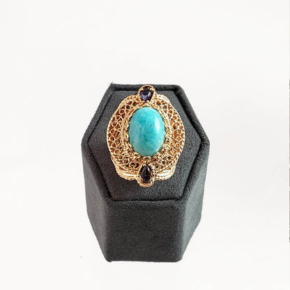 Filigree Genuine Amazonite and Amethyst Gemstone Ring - TurkishBling