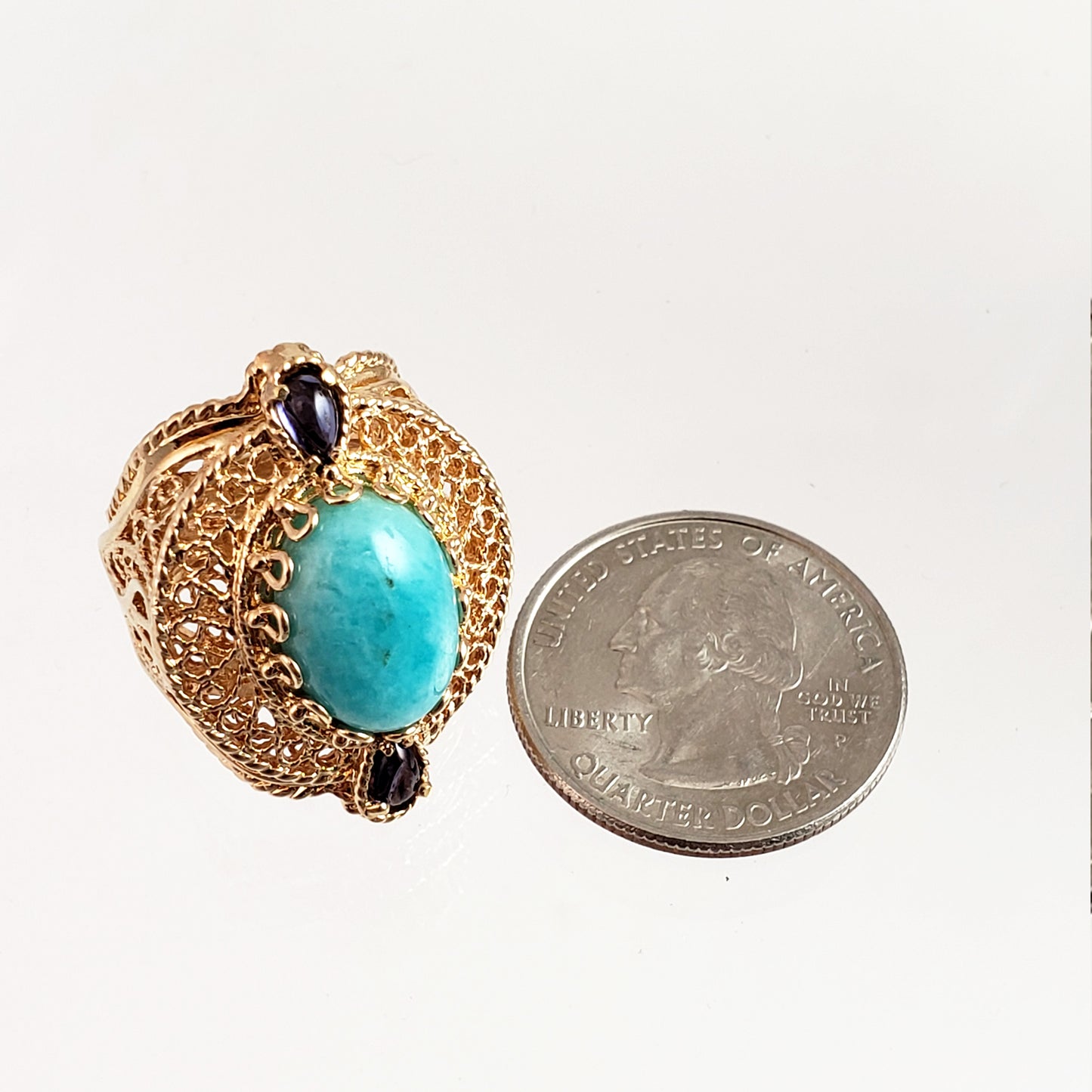 Turkish Filigree Genuine Amazonite and Amethyst Gemstone Ring