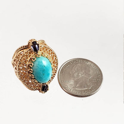 Filigree Genuine Amazonite and Amethyst Gemstone Ring - TurkishBling