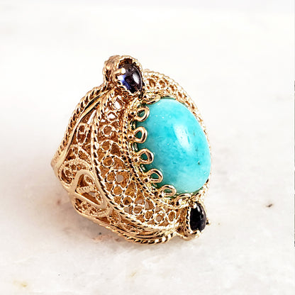 Turkish Filigree Genuine Amazonite and Amethyst Gemstone Ring