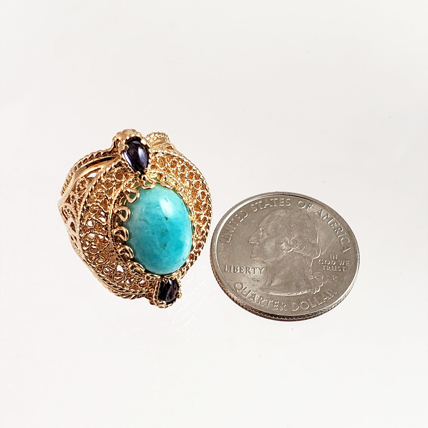 Turkish Filigree Genuine Amazonite and Amethyst Gemstone Ring